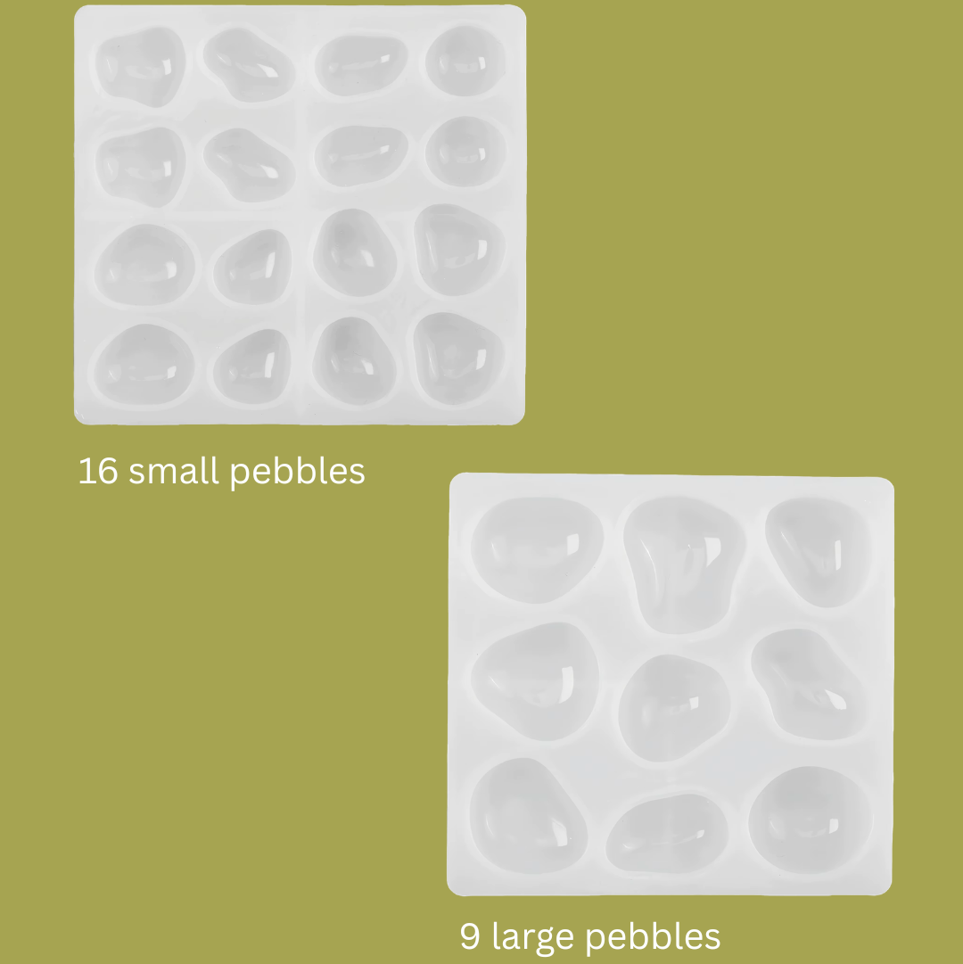 Two white silicone pebble molds shown on an olive green background, labeled '16 small pebbles' and '9 large pebbles'.