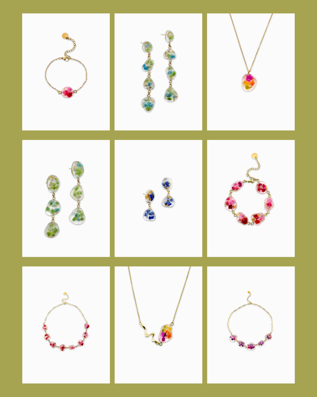 A 3x3 grid showing nine different gold jewelry pieces with colorful, real flower accents on a light olive green background.