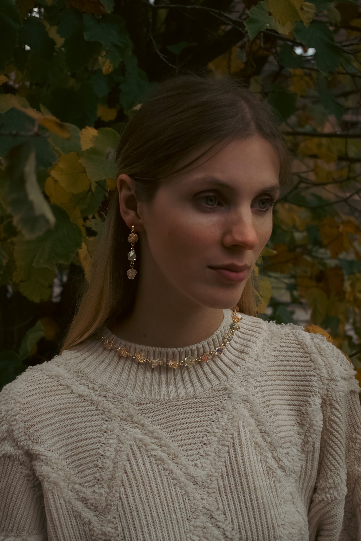 Charlotte from CH Design wearing the Crystal Necklace and Crystal Drop Earrings