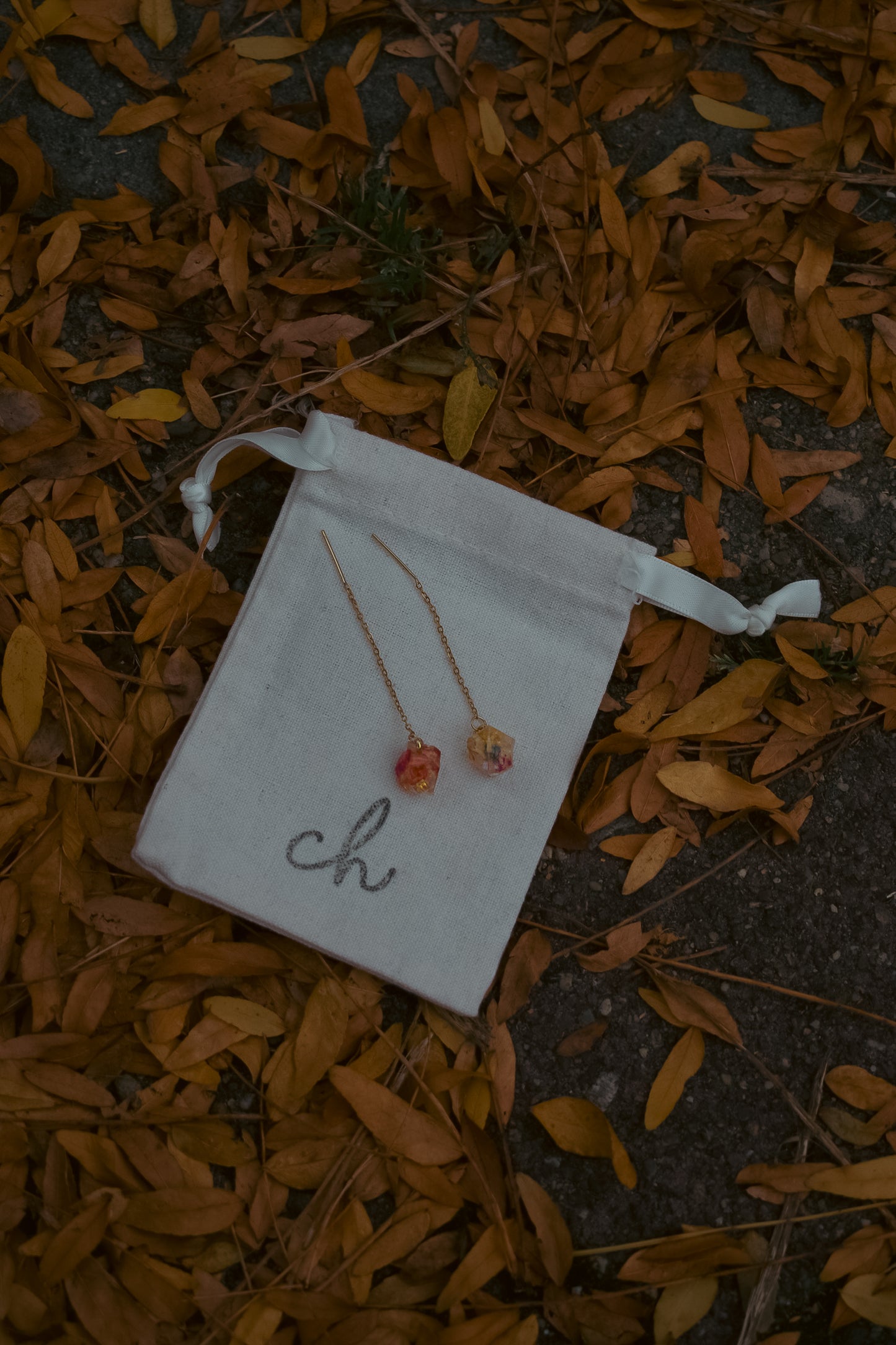Earrings in a drawstring bag on a ground covered with autumn leaves