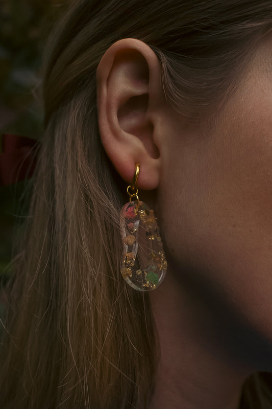 Close-up of an ear wearing a floral earring with a blurred background