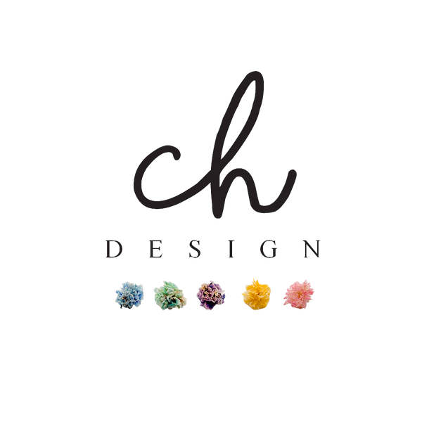 Logo with 'ch' design and colorful flowers on a white background